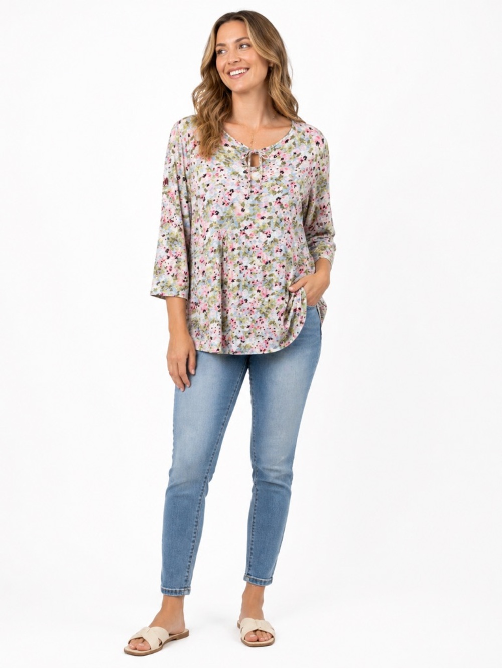 J. Jill Love Linen 100% Linen KeyholeTie Floral Tie-Neck 3/4 Sleeve Tunic Sz XL